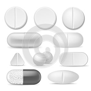 Realistic pills. White medicine tablets. Antibiotic aspirin painkiller drugs, therapy pharmacy healthcare addiction