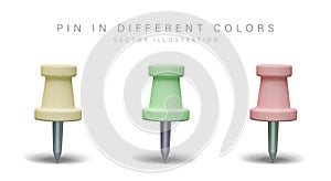 Realistic pin in different colors. Stationery objects in yellow, green, and pink colors