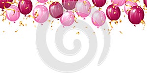 realistic pink balloons and gold ribbons, serpentine, golden confetti vector illustration for card, party, poster, decor, banner,