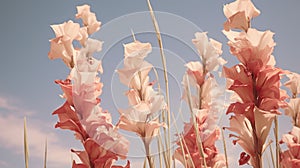 Realistic Pink Flowers In The Style Of Blue Skies
