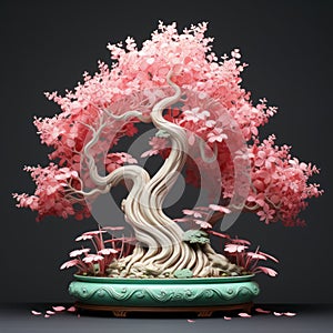 Realistic Pink Painted Bonsai Tree On Table - Detailed Character Design