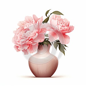 Realistic Pink Peonies In Vase On White Background