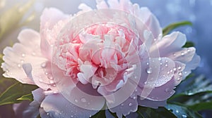 Realistic Pink Peony In Rain Drops With Reflection