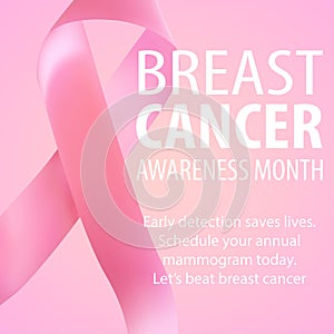 Realistic pink ribbon. Breast cancer awareness symbol on pink background. Vector illustration.