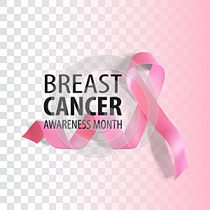 Realistic pink ribbon. Breast cancer awareness symbol on transparent background. Vector illustration.