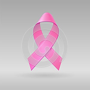 Realistic Pink Ribbon on light gray background. Breast cancer awareness symbol in october. Template for banner