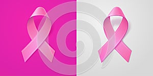 Realistic Pink Ribbon on light pink and gray background. Breast cancer awareness symbol in october. Template for banner