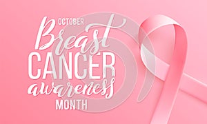 Realistic pink ribbon. Symbol of world breast canser awareness month in october. Vector illustration.
