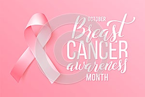 Realistic pink ribbon. Symbol of world breast canser awareness month in october. Vector illustration.