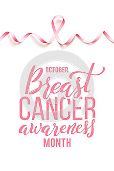 Realistic pink ribbon. Symbol of world breast canser awareness month in october. Vector illustration.