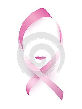 Realistic pink ribbon in woman face silhouette shape