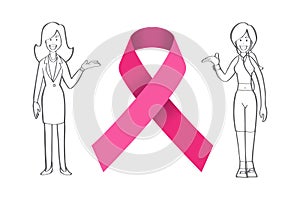 Realistic pink ribbon and Women, breast cancer awareness symbol, isolated on white. Vector illustration.