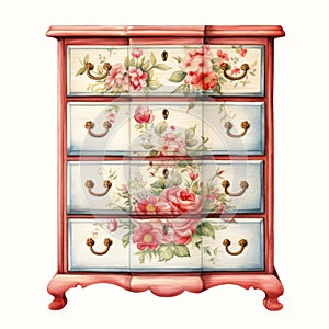 Realistic Pink And Roses Painted Chest Dresser On White