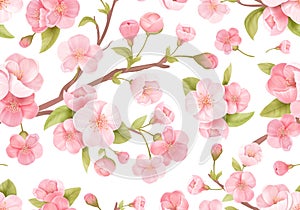 Realistic pink Sakura blossom seamless background. Japanese flowering cherry exotic texture. Spring flowers