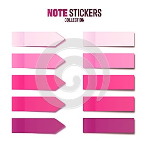 Realistic pink sticky notes collection. Arrow flag tabs. Post note stickers. Colorful sticky paper sheets. Vector