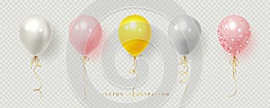 Realistic pink, white, yellow, and transparent grey balloons. Vector illustration