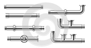 Realistic pipes. Water tube pipelines with valves, joints and connections, plumbing steel elements