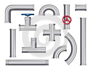 Realistic pipes. Water tube pipelines with valves, joints and connections. Vector 3D metal constructions on white