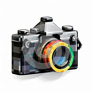 Realistic Pixel Art Camera Icon On White Background