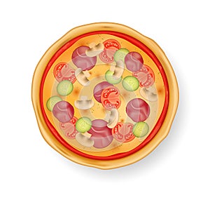 Realistic pizza on white background. Traditional italian food pizza with tomatoes, mushrooms, cucumbers, ham. Restaurant and