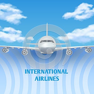 Realistic plane, aircraft, airplane in sky with white clouds vector travel background, promo poster