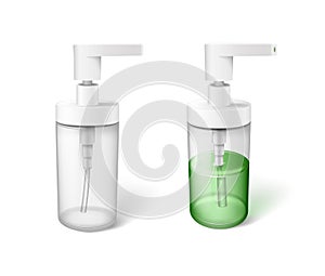 Realistic plastic bottle with dispenser pump, full and empty container with green liquid soap