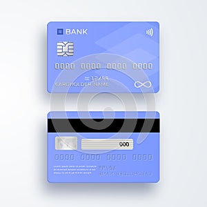 Realistic plastic credit card. Bank card with chip. Shopping discount plastic card. Template card for finance