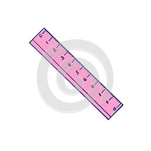 Realistic plastic pink ruler ribbon, on an isolated white background. Two-way measurement in centimeters and inches