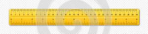 Realistic plastic ruler with measurement scale and divisions, measure marks. School ruler, centimeter and inch scale for