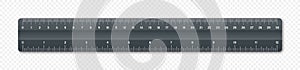 Realistic plastic ruler with measurement scale and divisions, measure marks. School ruler, centimeter and inch scale for