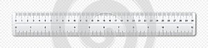 Realistic plastic ruler with measurement scale and divisions, measure marks. School ruler, centimeter and inch scale for