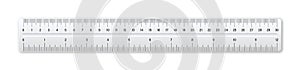Realistic plastic ruler with measurement scale and divisions, measure marks. School ruler, centimeter and inch scale for