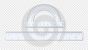 Realistic plastic ruler and protractor. Half circle plastic transparent protractor mockup. Cm and inches ruler. Vector