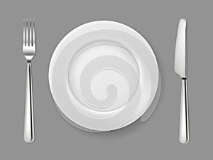 Realistic plate knife fork. Silver cutlery white food empty plate metal fork and knife on dinner table top view isolated