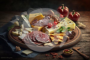 Realistic plate with meats and cheese selection concept, idea. Delicious and beautiful food appetizers. Ai generated