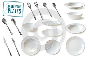 Realistic plates and tableware set. large set of tableware and silverware in realistic style lassic white plates with