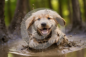 A realistic playful little puppy golden retriever splashing gleefully in a mud puddle photo