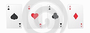 Realistic playing card. Four aces playing card suits set. Hearts, spades, diamonds, clubs cards. A winning poker hand. Poker,