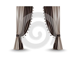 Realistic pleated curtains with fringe.