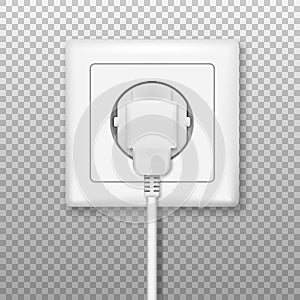 Realistic plug inserted in electrical outlet. Electric plugs and socket. Vector illustration