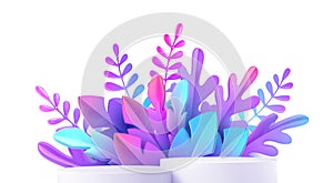 Realistic podium with pink and purple fantastic tropical leaves isolated on transparent background. Showcase for your