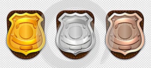 Realistic police badges. Security silver gold bronze badges vector mockup