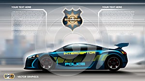 Realistic Police car futuristic concept Infographic. Urban city background. Online Cab Mobile App, Cab Booking, Map