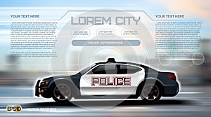 Realistic Police car Infographic. Urban city background. Online Cab Mobile App, Cab Booking, Map Navigation e-commerce