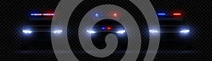 Realistic police headlights. Car glowing led light effect, rare and front siren flare, red and blue police light. Vector