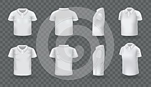 Realistic polo shirt men women set. White blank classic polo t-shirt mock up isolated on transparent dark background