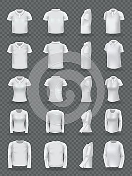 Realistic polo shirt men women set. White blank classic polo t-shirt mock up isolated on transparent dark background