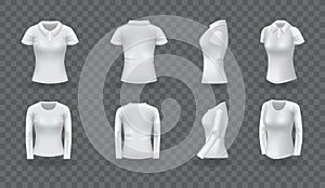 Realistic polo shirt men women set. White blank classic polo t-shirt mock up isolated on transparent dark background