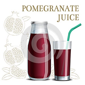 Realistic pomegranate juice in a jar and a glass with a straw