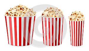 Realistic popcorn buckets. 3d multiple sizes paper cups, snacks for cinema and circus. Large, medium and small